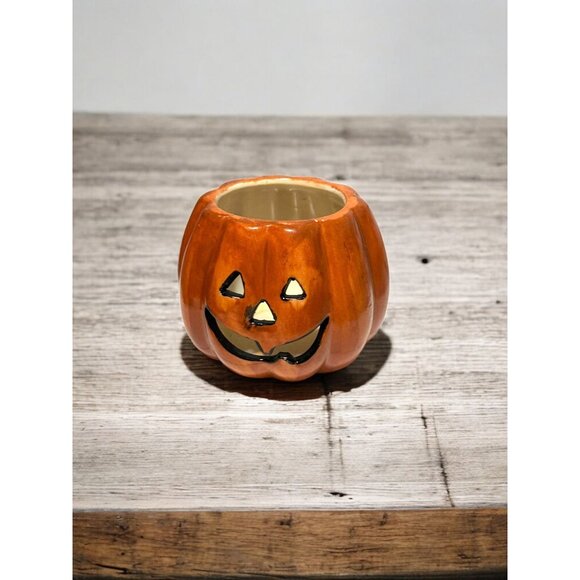 Ceramic Pumpkin Candle Holder With Jack-O-Lantern Design Orange & Black Hallowee - Picture 1 of 10